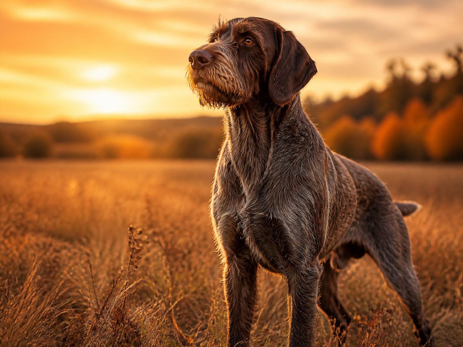 Wirehaired Pointing Griffon standing in a golden field at sunset