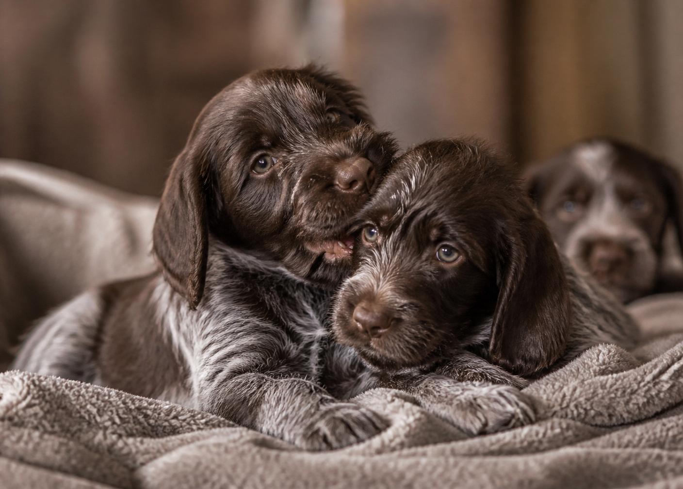 Wirehaired Pointing Griffon puppies snuggled together
